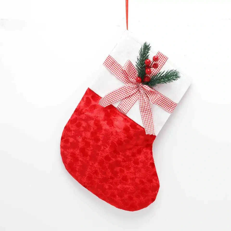 Christmas Stocking Santa Gift Bag Xmas Decoration New Year Velvet Socks with Berry Pine Needle Ornament Plaid Bowknot